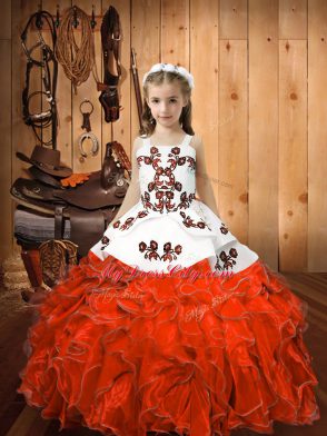 Modern Orange Red Ball Gowns Organza Straps Sleeveless Embroidery and Ruffles Floor Length Lace Up Little Girl Pageant Gowns
