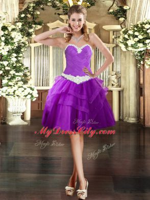 Custom Fit Purple Three Pieces Sweetheart Sleeveless Organza Floor Length Lace Up Appliques 15th Birthday Dress
