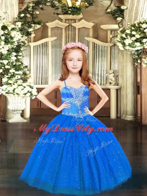 Spaghetti Straps Sleeveless Tulle Pageant Dress Beading Lace Up