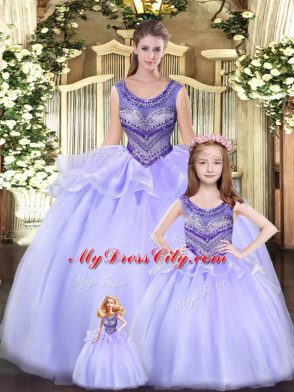 Stylish Lavender Scoop Lace Up Beading and Ruching 15th Birthday Dress Sleeveless
