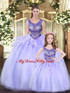 Stylish Lavender Scoop Lace Up Beading and Ruching 15th Birthday Dress Sleeveless