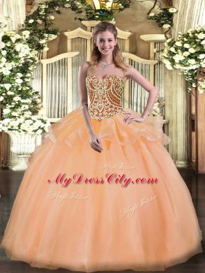 Beading and Ruffles Quince Ball Gowns Peach Lace Up Sleeveless Floor Length