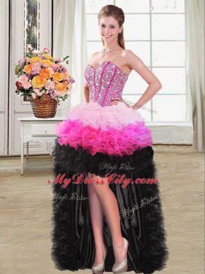 Glorious Multi-color Organza Lace Up Prom Dress Sleeveless High Low Beading and Ruffles