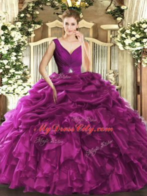 Ball Gowns Sweet 16 Dresses Fuchsia V-neck Organza Sleeveless Floor Length Backless