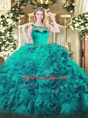 Glamorous Teal Sleeveless Fabric With Rolling Flowers Zipper 15th Birthday Dress for Sweet 16 and Quinceanera