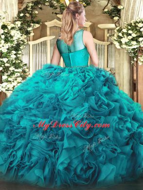 Glamorous Teal Sleeveless Fabric With Rolling Flowers Zipper 15th Birthday Dress for Sweet 16 and Quinceanera