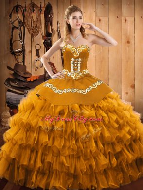 Free and Easy Sweetheart Sleeveless Satin and Organza Ball Gown Prom Dress Embroidery and Ruffled Layers Lace Up