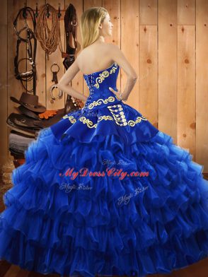 Free and Easy Sweetheart Sleeveless Satin and Organza Ball Gown Prom Dress Embroidery and Ruffled Layers Lace Up