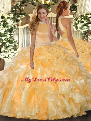 Ball Gowns 15th Birthday Dress Gold Halter Top Organza Sleeveless Floor Length Backless