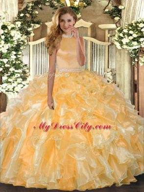 Ball Gowns 15th Birthday Dress Gold Halter Top Organza Sleeveless Floor Length Backless