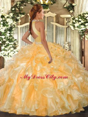 Ball Gowns 15th Birthday Dress Gold Halter Top Organza Sleeveless Floor Length Backless
