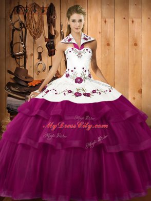 Fuchsia Ball Gowns Halter Top Sleeveless Organza Sweep Train Lace Up Embroidery and Ruffled Layers 15th Birthday Dress