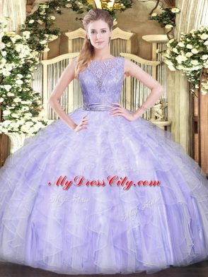Discount Floor Length Lavender Sweet 16 Dresses Organza Sleeveless Beading and Ruffles