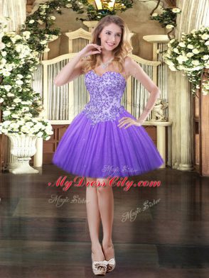 Modest Mini Length Lace Up Prom Evening Gown Lavender for Prom and Party with Appliques