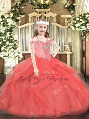 Sleeveless Floor Length Beading and Ruffles Lace Up Girls Pageant Dresses with Coral Red
