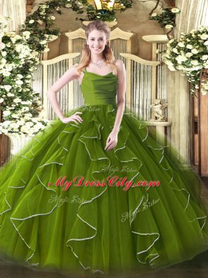Stunning Olive Green Sleeveless Floor Length Ruffles Zipper Sweet 16 Quinceanera Dress