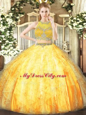 Delicate Orange Tulle Zipper 15 Quinceanera Dress Sleeveless Floor Length Beading and Ruffles
