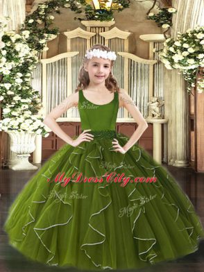 Discount Beading and Ruffles Pageant Dress for Teens Olive Green Zipper Sleeveless Floor Length