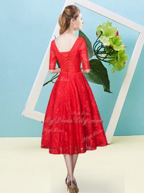 Beauteous Tea Length Lace Up Wedding Guest Dresses Red for Prom and Party and Wedding Party with Bowknot
