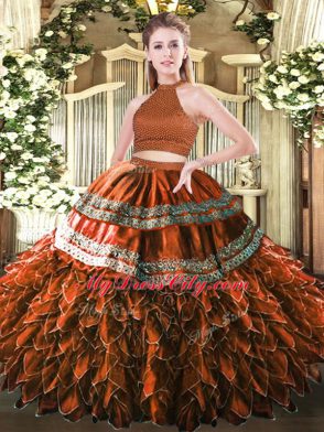 Satin and Organza Halter Top Sleeveless Backless Beading and Embroidery and Ruffles 15th Birthday Dress in Rust Red