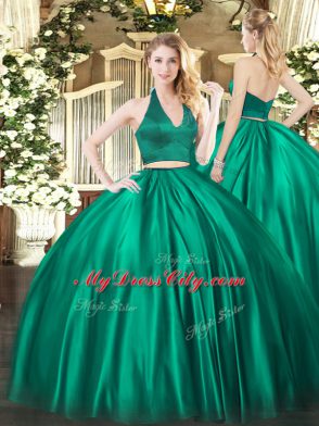 Dark Green Zipper Halter Top Ruching Sweet 16 Quinceanera Dress Satin Sleeveless