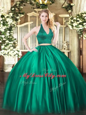 Dark Green Zipper Halter Top Ruching Sweet 16 Quinceanera Dress Satin Sleeveless