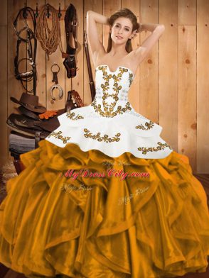 Floor Length Gold Vestidos de Quinceanera Satin and Organza Sleeveless Embroidery and Ruffles