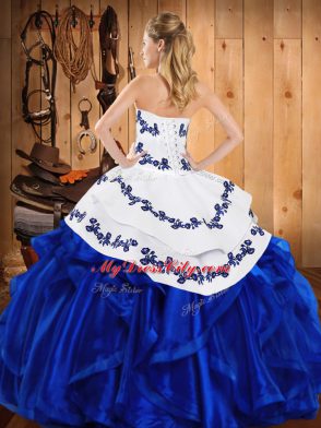 Floor Length Gold Vestidos de Quinceanera Satin and Organza Sleeveless Embroidery and Ruffles