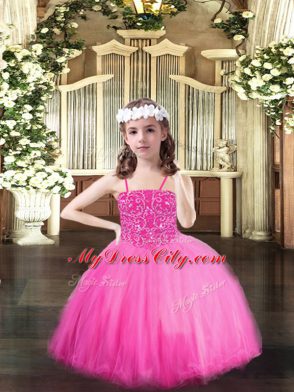 Trendy Rose Pink Ball Gowns Beading Pageant Dress for Womens Lace Up Tulle Sleeveless Floor Length