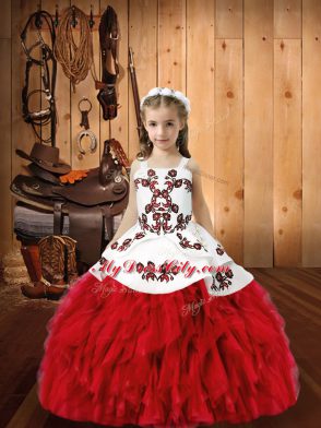 Modern Straps Sleeveless Pageant Dress for Womens Floor Length Embroidery and Ruffles Red Organza