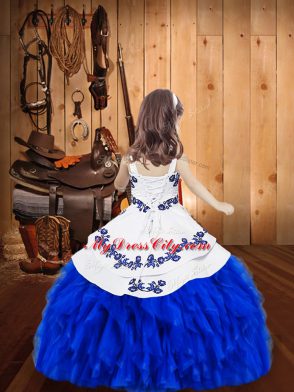 Modern Straps Sleeveless Pageant Dress for Womens Floor Length Embroidery and Ruffles Red Organza