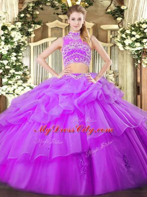 Deluxe Eggplant Purple Backless High-neck Beading and Ruffles and Pick Ups Vestidos de Quinceanera Tulle Sleeveless