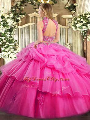 Deluxe Eggplant Purple Backless High-neck Beading and Ruffles and Pick Ups Vestidos de Quinceanera Tulle Sleeveless