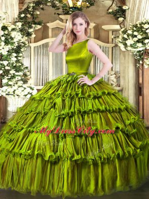 Sleeveless Floor Length Ruffled Layers Clasp Handle Quinceanera Gown with Olive Green