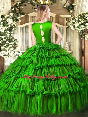 Sleeveless Floor Length Ruffled Layers Clasp Handle Quinceanera Gown with Olive Green