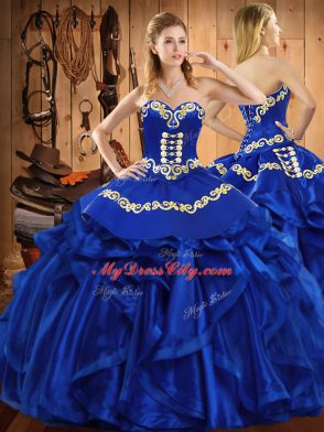 Extravagant Sweetheart Sleeveless Organza Quinceanera Gowns Embroidery and Ruffles Lace Up