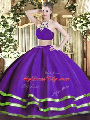 Floor Length Purple Quinceanera Dress High-neck Sleeveless Backless