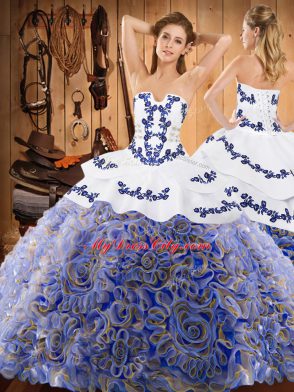 Great Multi-color Sweet 16 Dress Military Ball and Sweet 16 and Quinceanera with Embroidery and Ruffles Strapless Sleeveless Sweep Train Lace Up