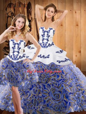 Great Multi-color Sweet 16 Dress Military Ball and Sweet 16 and Quinceanera with Embroidery and Ruffles Strapless Sleeveless Sweep Train Lace Up