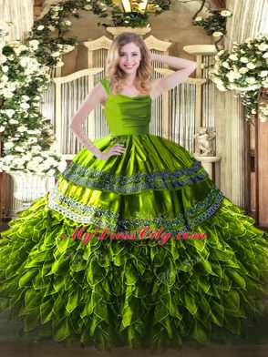 Sleeveless Organza Floor Length Zipper Quinceanera Gown in Olive Green with Beading and Lace and Ruffles