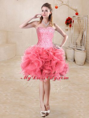 Best Selling Sleeveless Lace Up Mini Length Beading and Ruffles Dress for Prom