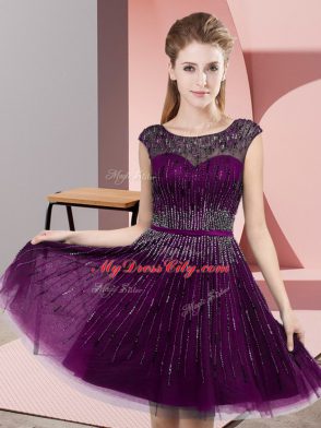 Wonderful Dark Purple Backless Prom Party Dress Beading Sleeveless Knee Length