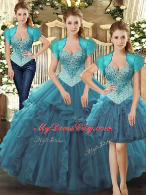 Super Tulle Straps Sleeveless Lace Up Beading and Ruffles Sweet 16 Dress in Teal