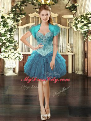 Super Tulle Straps Sleeveless Lace Up Beading and Ruffles Sweet 16 Dress in Teal