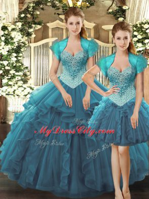 Super Tulle Straps Sleeveless Lace Up Beading and Ruffles Sweet 16 Dress in Teal