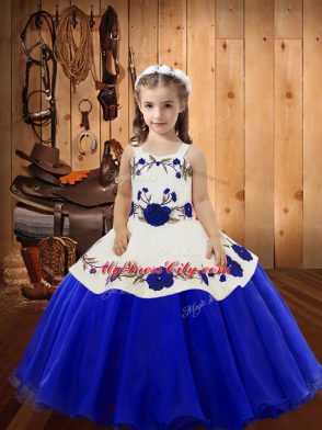 Blue Sleeveless Floor Length Embroidery Lace Up Child Pageant Dress