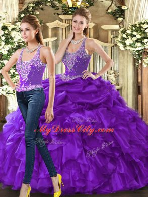 Sophisticated Eggplant Purple Sleeveless Tulle Lace Up Quinceanera Gown for Military Ball and Sweet 16 and Quinceanera