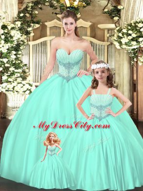 Ball Gowns Sweet 16 Dress Aqua Blue Sweetheart Tulle Sleeveless Floor Length Lace Up