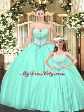 Ball Gowns Sweet 16 Dress Aqua Blue Sweetheart Tulle Sleeveless Floor Length Lace Up