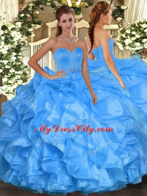 Glittering Baby Blue Sleeveless Floor Length Beading and Ruffles Lace Up Sweet 16 Dress